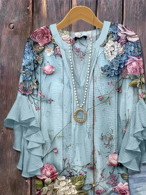 Women's Half Sleeve Shirt Summer Blue Floral Printing V Neck Daily Going Out Casual Top