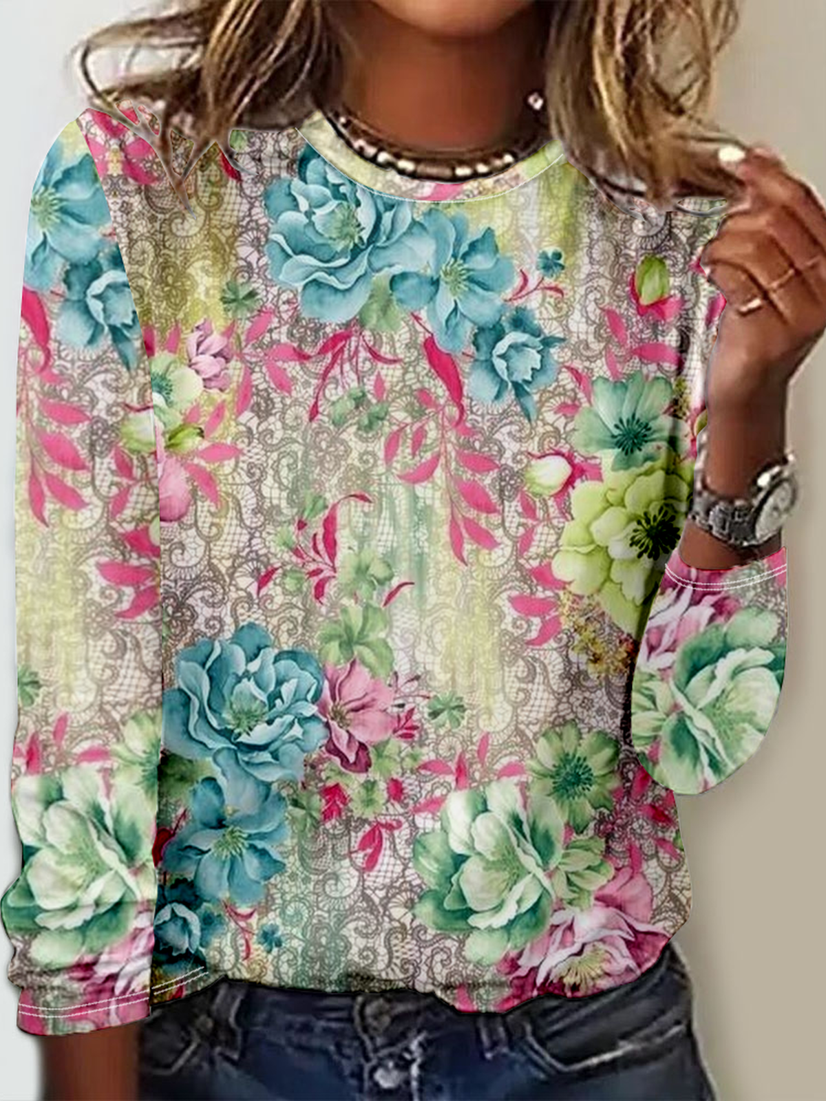 Casual Crew Neck Loose Floral T-Shirt