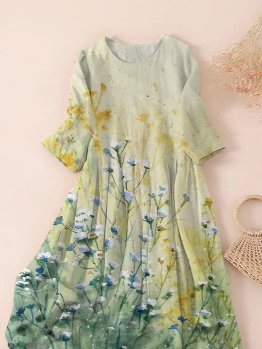 Women's Three Quarter Sleeve Spring/Fall Green Floral Printing Crew Neck Daily Going Out Casual Maxi H-Line Classic Dress