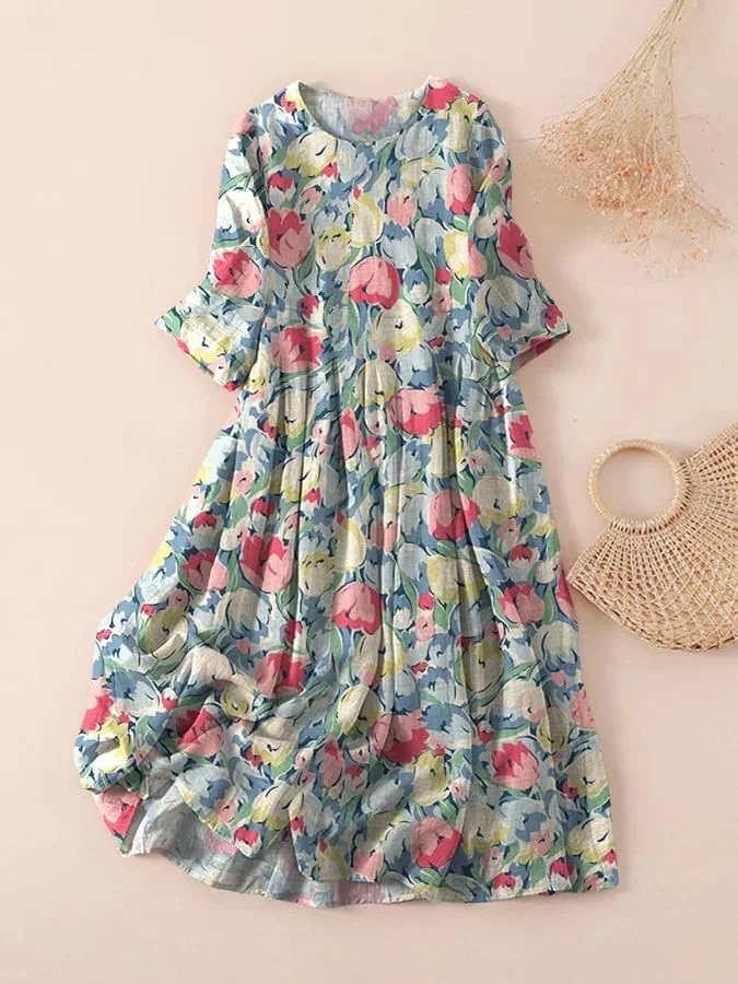 Women's Three Quarter Sleeve Spring/Fall Blue Floral Printing Crew Neck Daily Going Out Casual Maxi H-Line Classic Dress