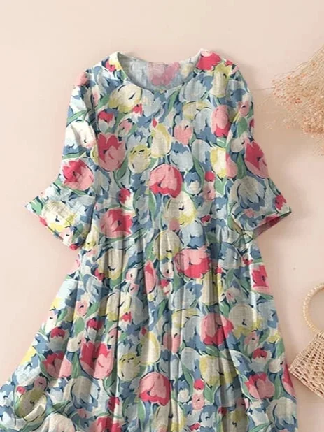 Women's Three Quarter Sleeve Spring/Fall Blue Floral Printing Crew Neck Daily Going Out Casual Maxi H-Line Classic Dress