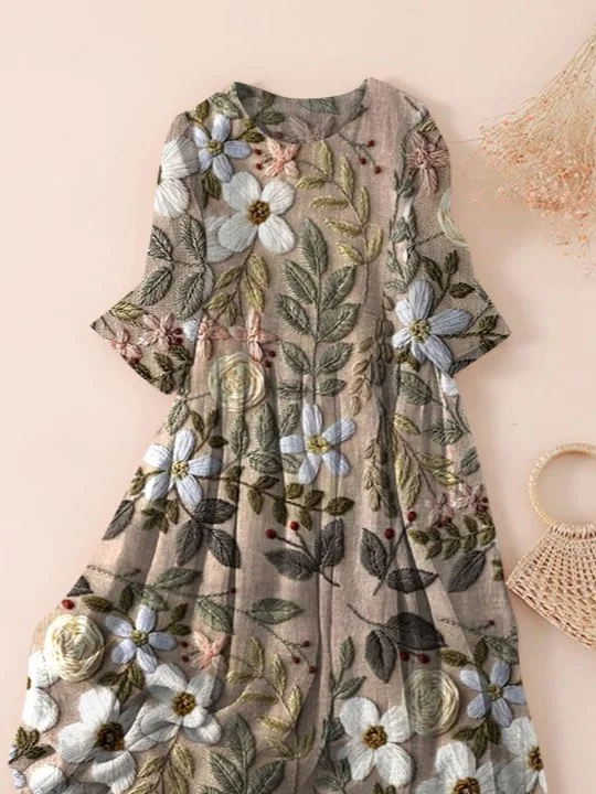 Women's Three Quarter Sleeve Spring/Fall Brown Floral Printing Crew Neck Daily Going Out Casual Maxi H-Line Classic Dress