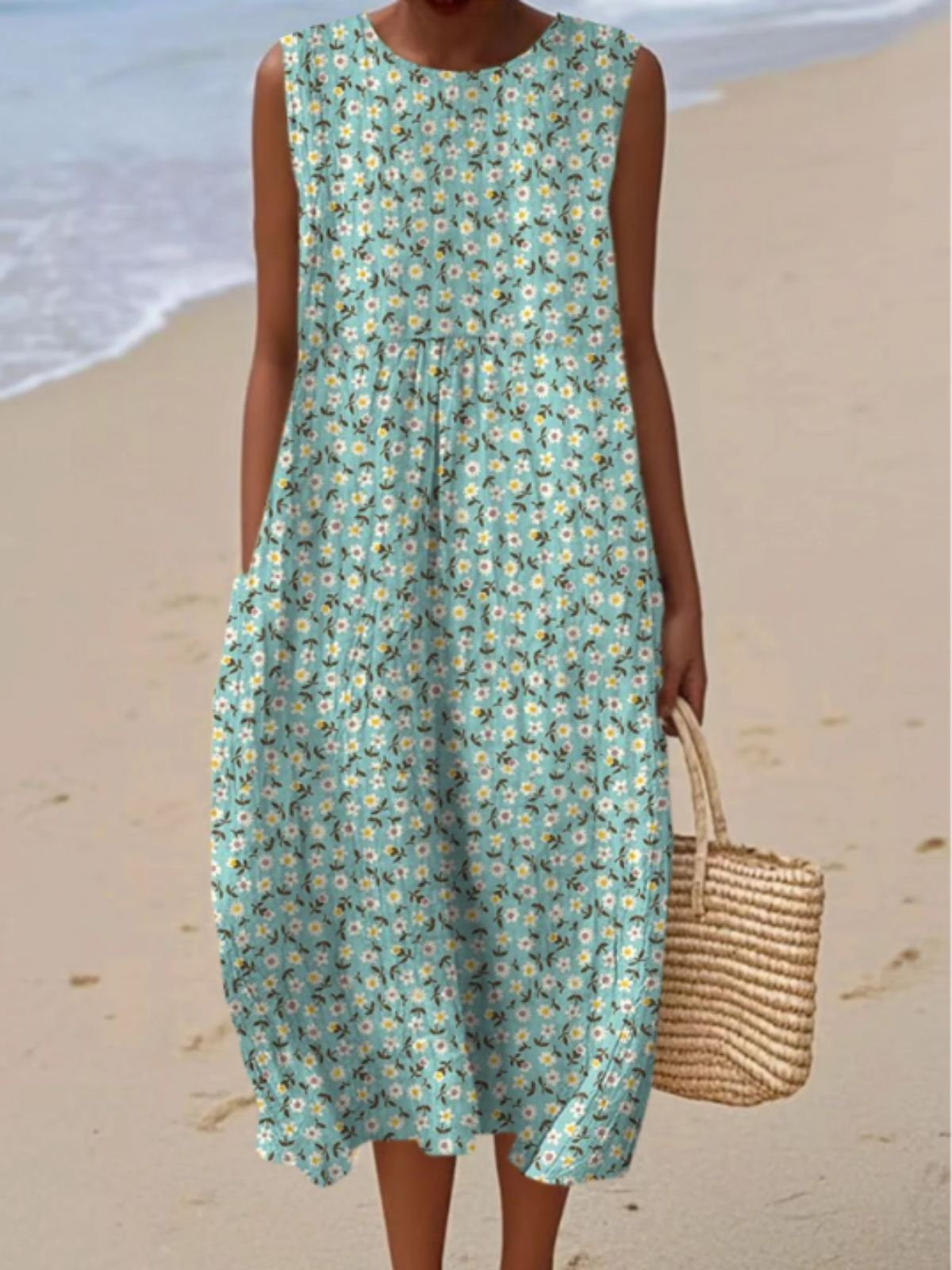 Crew Neck Simple Painting Cotton Dress With No