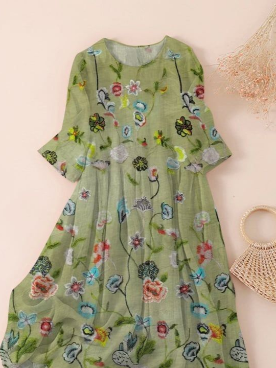 Women's Three Quarter Sleeve Spring/Fall Green Floral Printing Crew Neck Daily Going Out Casual Maxi H-Line Classic Dress