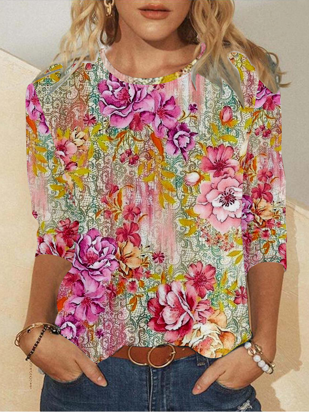 Casual Crew Neck Loose Floral T-Shirt