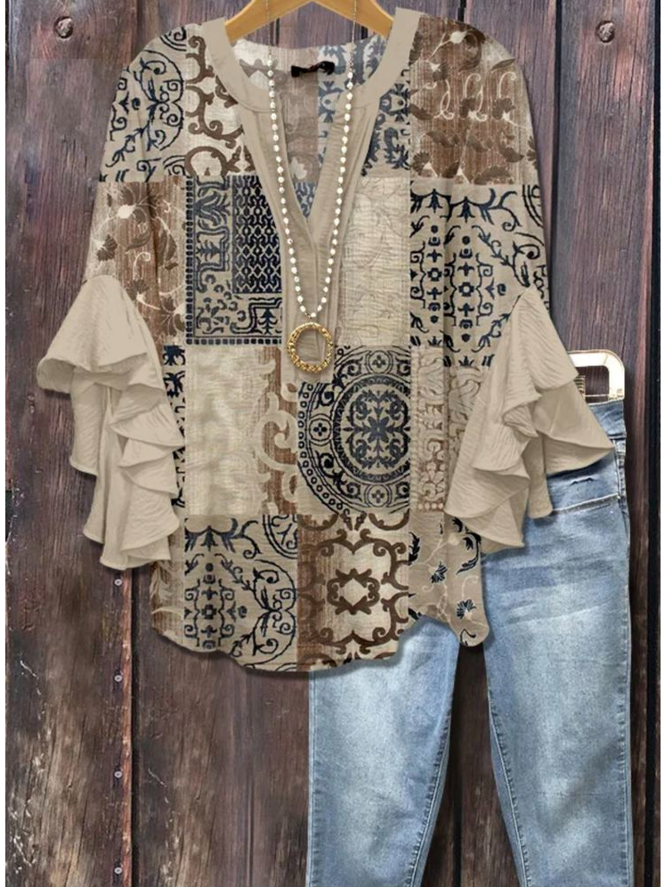 Women's Bohemian Pattern V-Neck Multi-Layered Lace Shirt