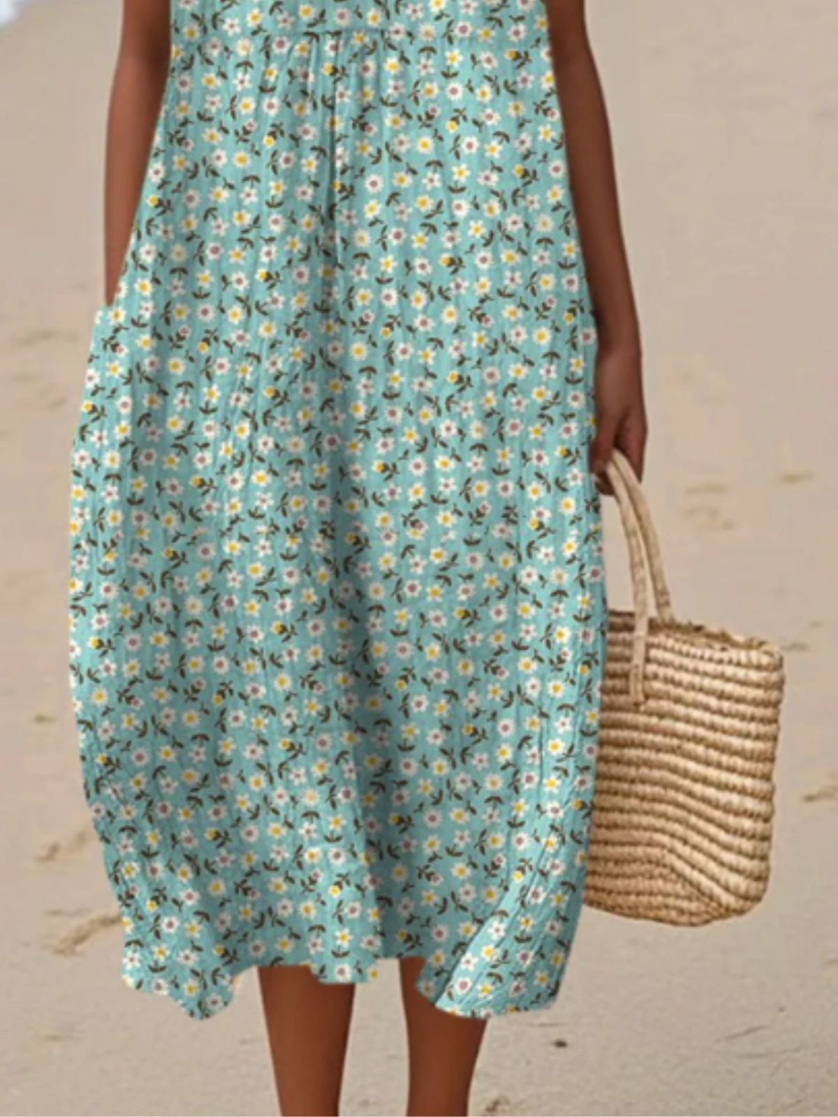 Crew Neck Simple Painting Cotton Dress With No