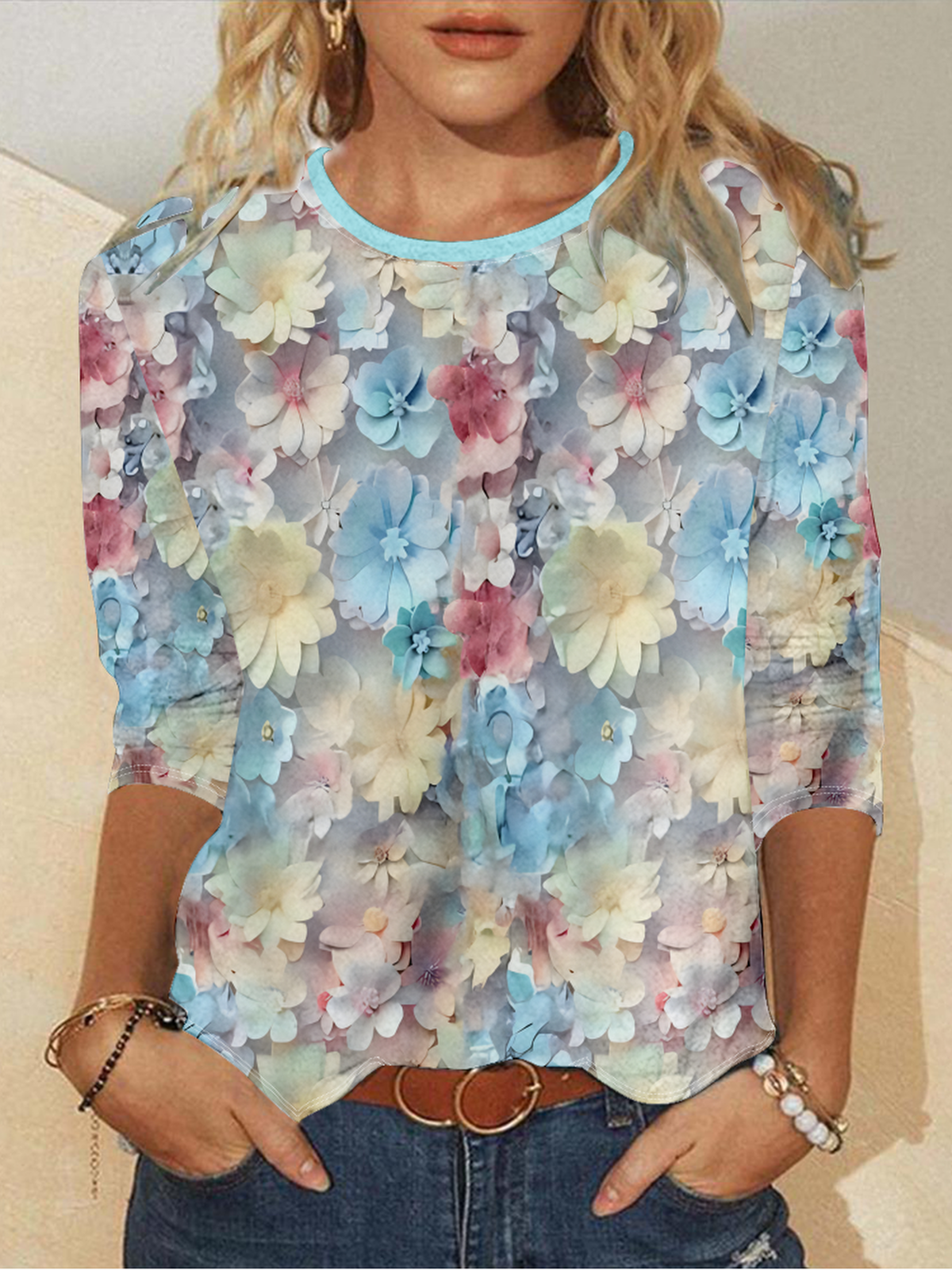 Floral Crew Neck Casual Loose T-Shirt
