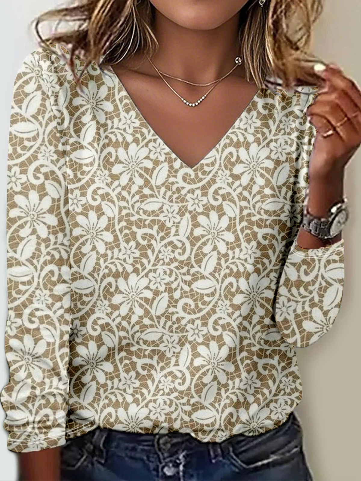 Print Casual V Neck Long Sleeve T-Shirt