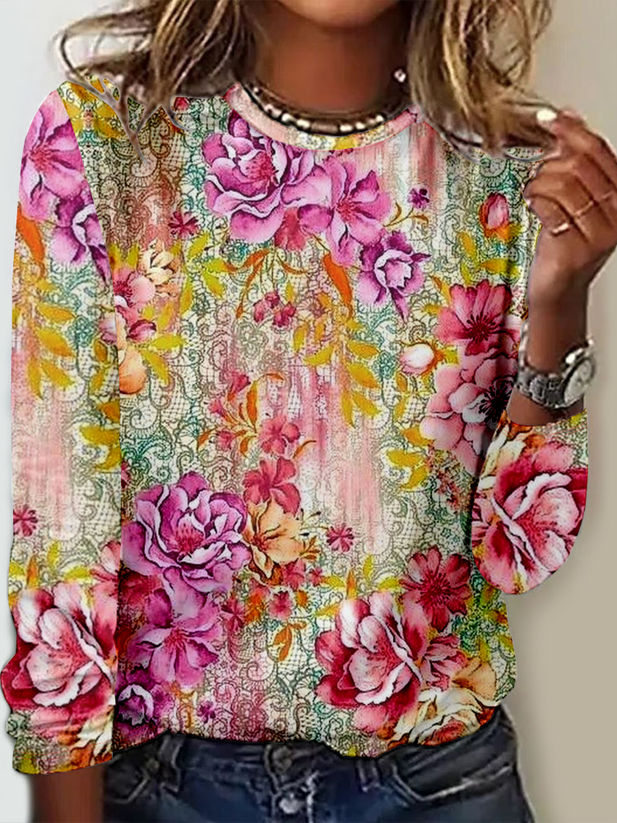 Casual Crew Neck Loose Floral T-Shirt