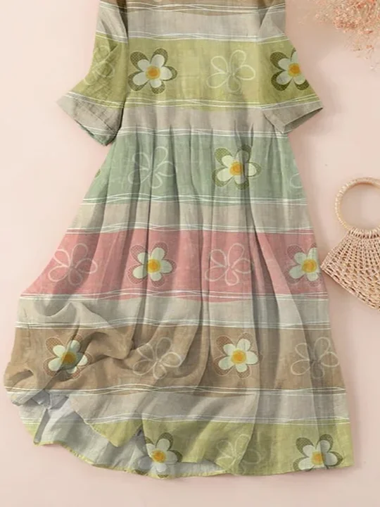Women's Three Quarter Sleeve Spring/Fall Green Floral Printing Crew Neck Daily Going Out Casual Maxi H-Line Classic Dress