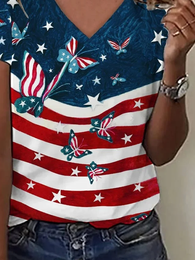 Women's Short Sleeve T-shirt Summer As Picture Independence Day (Flag) Printing V Neck Daily Going Out Casual Top