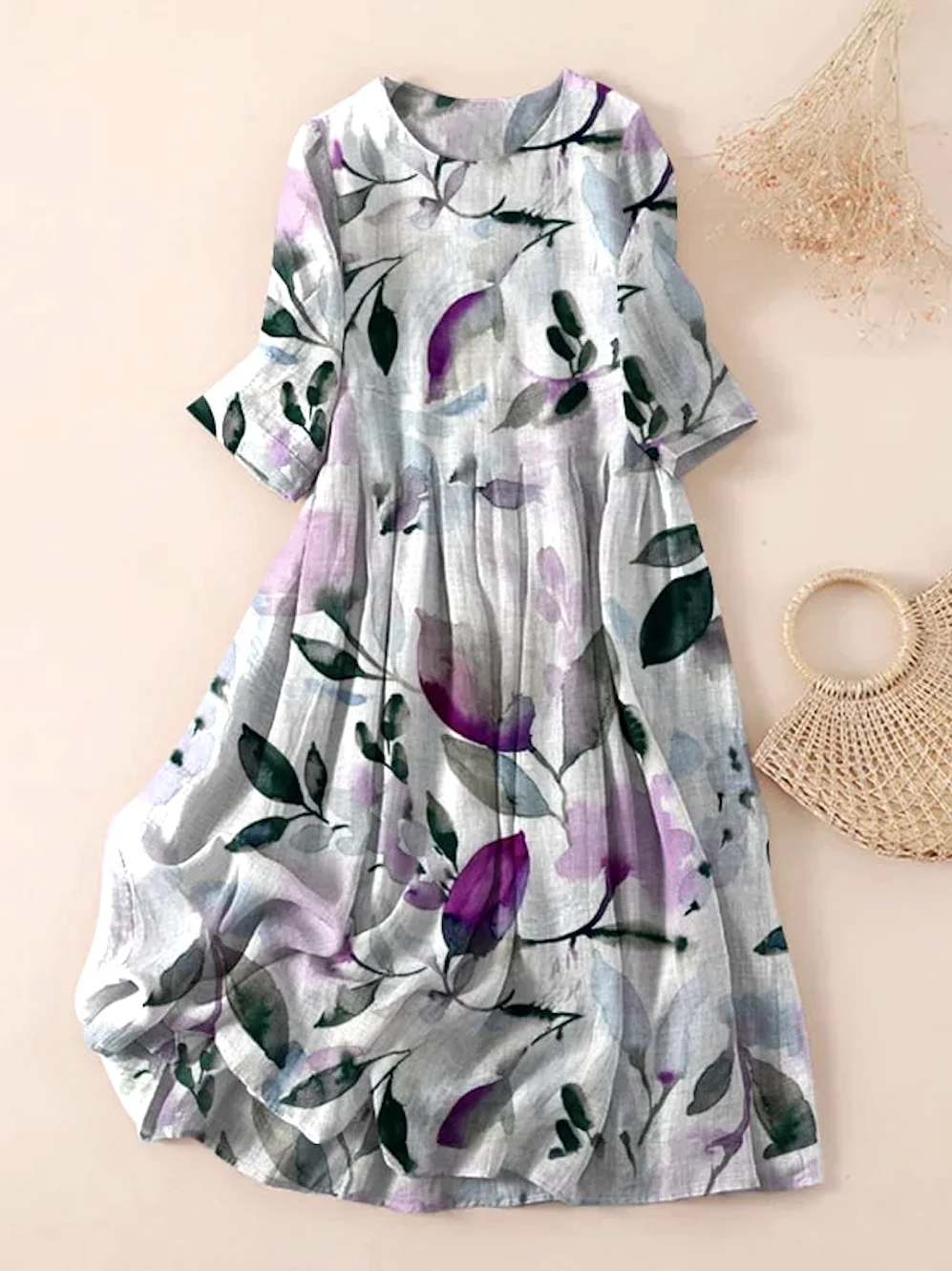 Casual Floral Linen Dress With No