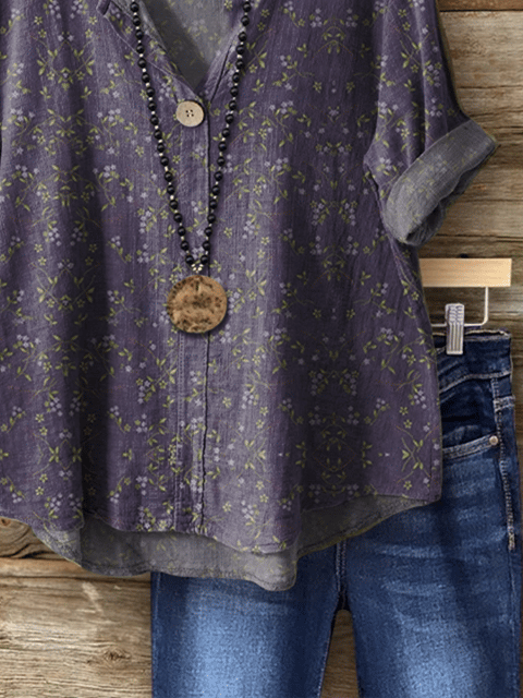 Women's Vintage Floral Art Print Button-Down Shirt