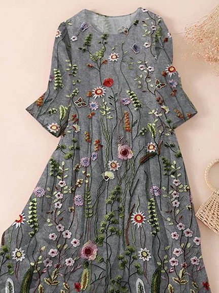 Women's Three Quarter Sleeve Spring/Fall Gray Floral Printing Crew Neck Daily Going Out Casual Maxi H-Line Classic Dress