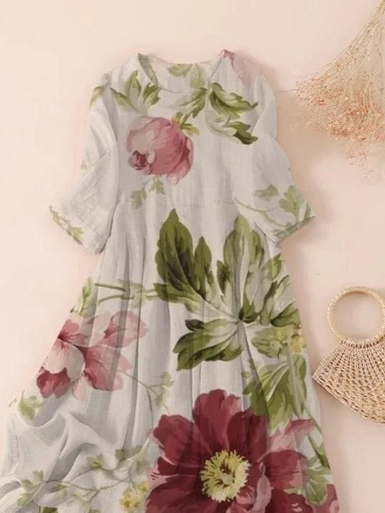 Women's Three Quarter Sleeve Spring/Fall Apricot Floral Printing Crew Neck Daily Going Out Casual Maxi H-Line Classic Dress