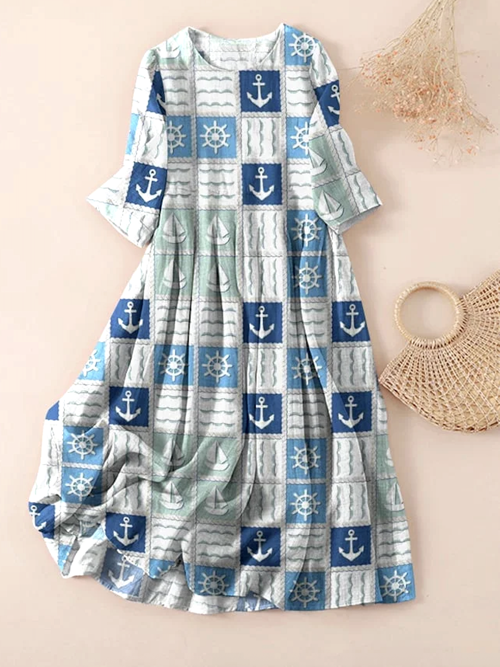 Casual Regular Fit Crew Neck Linen Dress With No
