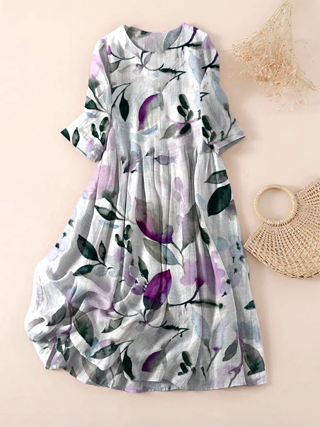 Casual Floral Linen Dress With No