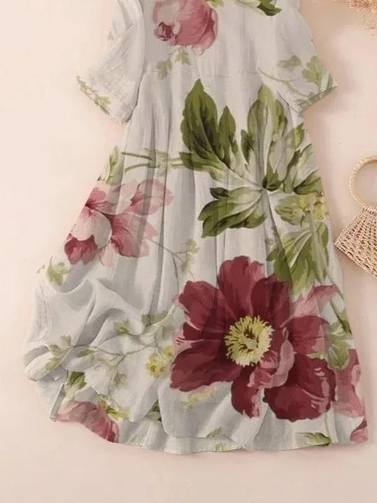 Women's Three Quarter Sleeve Spring/Fall Apricot Floral Printing Crew Neck Daily Going Out Casual Maxi H-Line Classic Dress