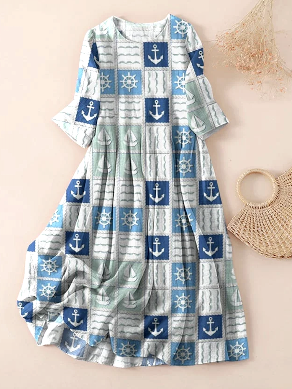 Casual Regular Fit Crew Neck Linen Dress With No