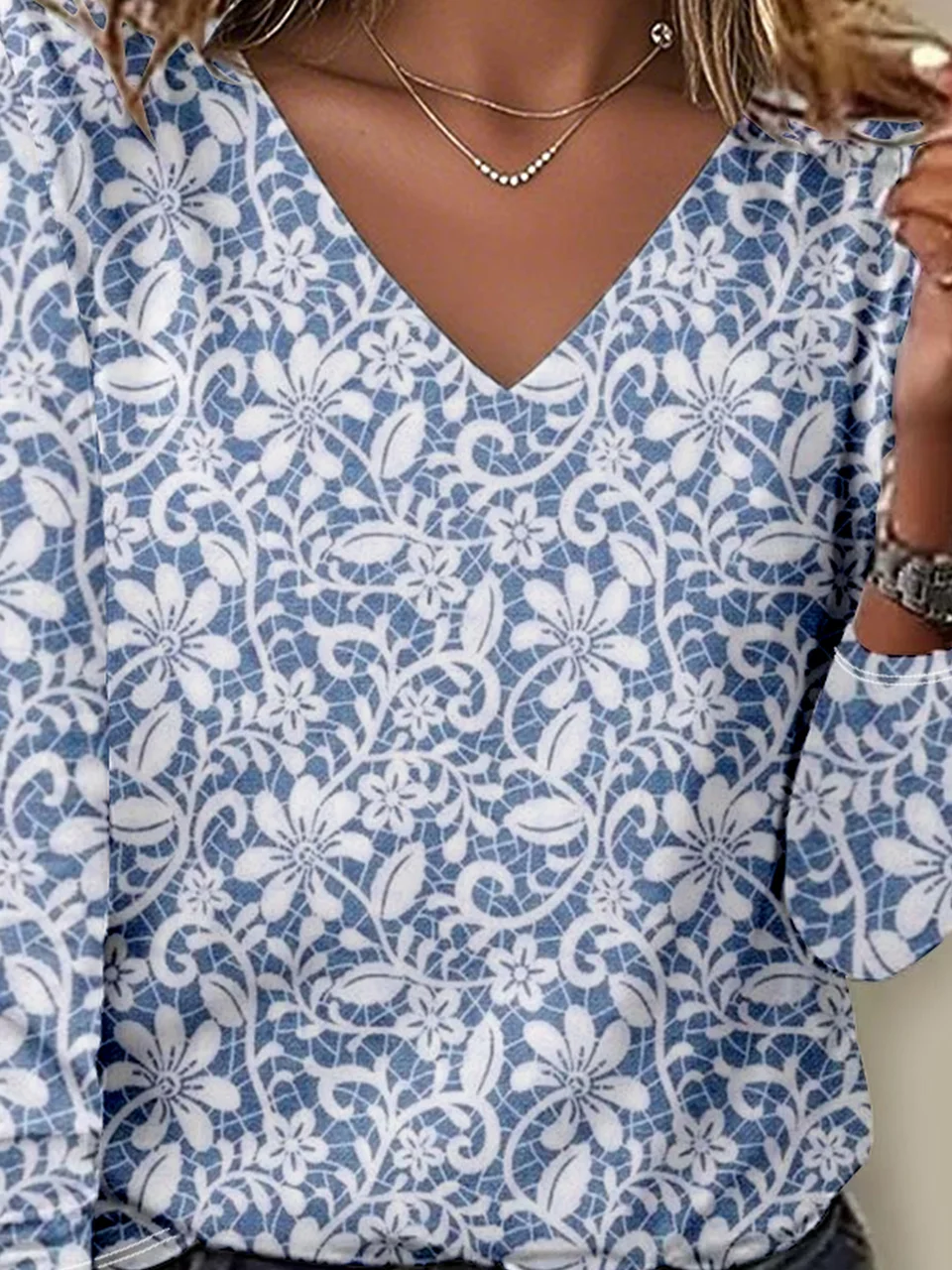 Print Casual V Neck Long Sleeve T-Shirt