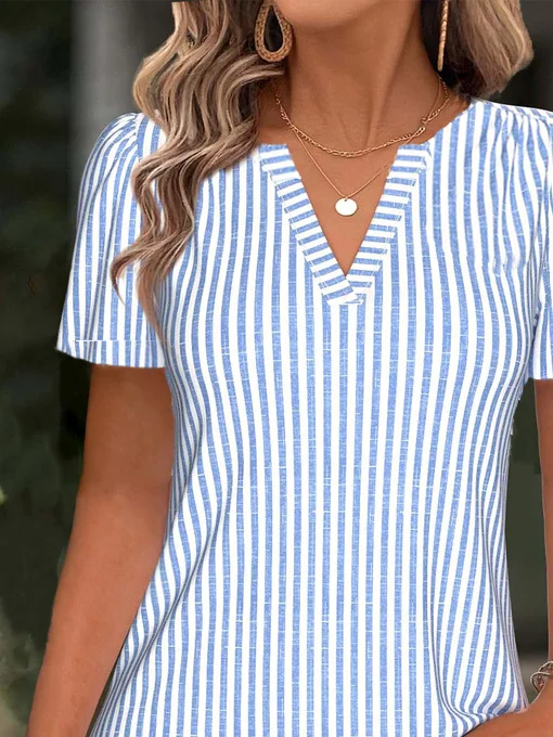 Loose V Neck Simple Striped T-Shirt
