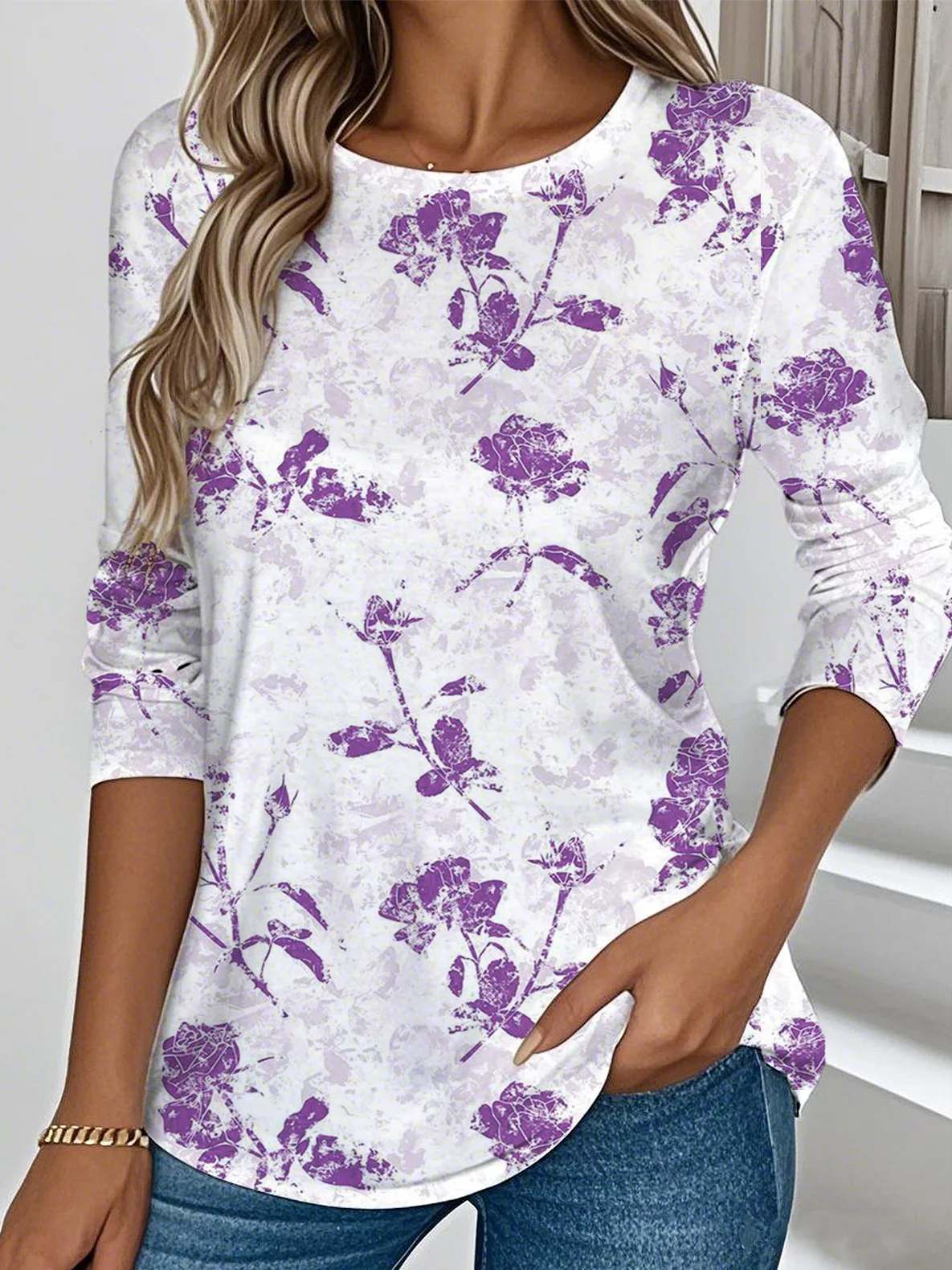 Floral Casual Crew Neck Jersey T-Shirt
