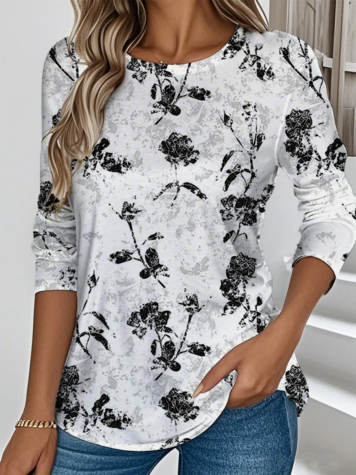 Floral Casual Crew Neck Jersey T-Shirt