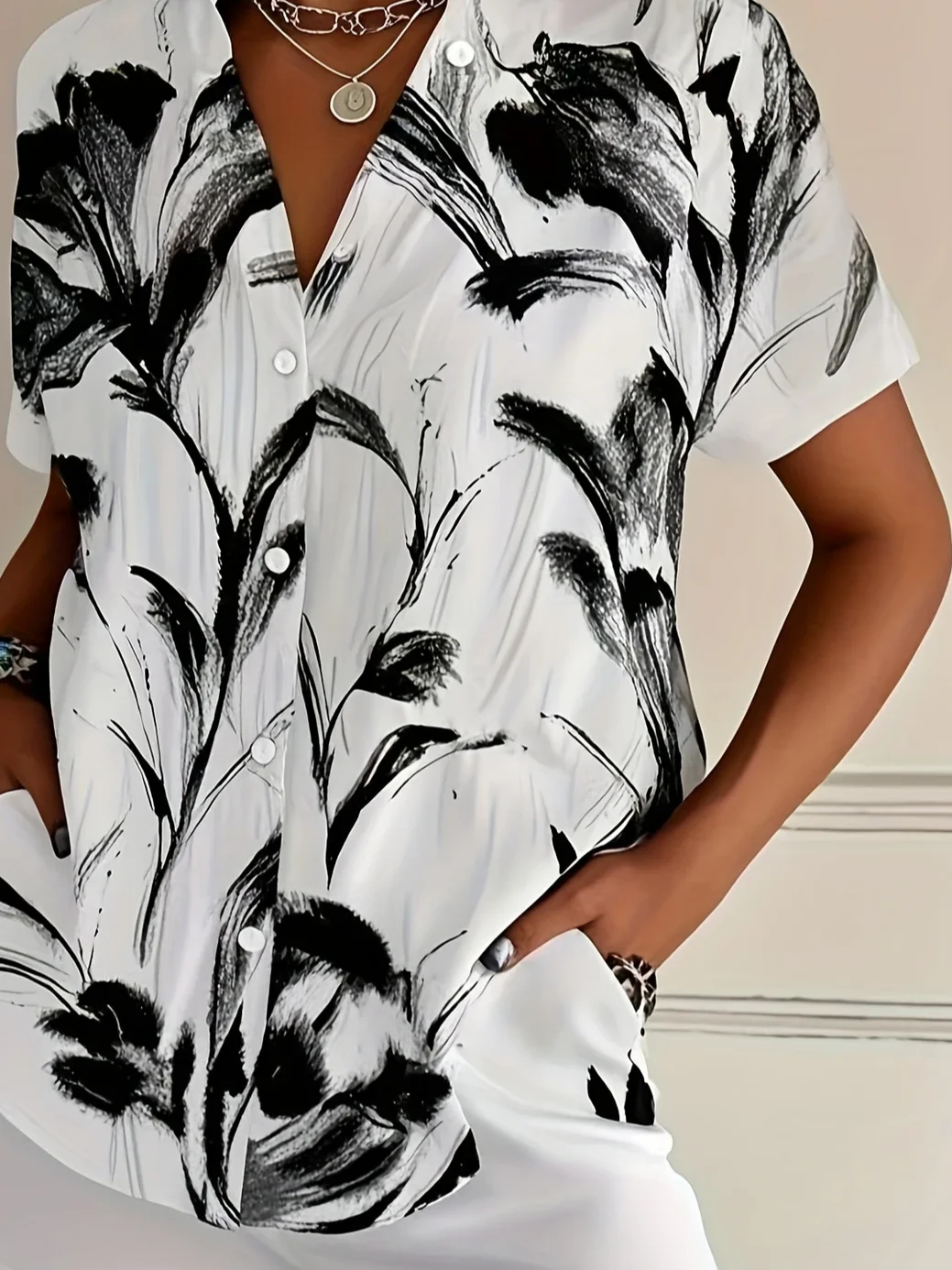 Women's Short Sleeve Shirt Summer White Floral Printing Shirt Collar Daily Going Out Casual Top