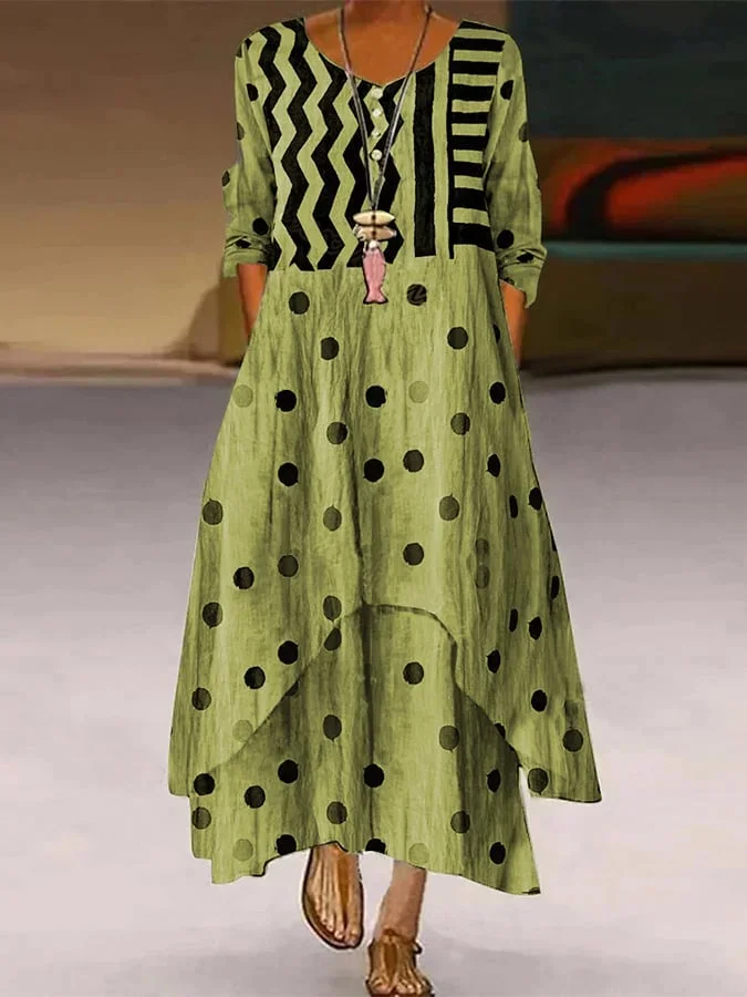 Elegant Casual Double Layer Print Contrast Color Dress