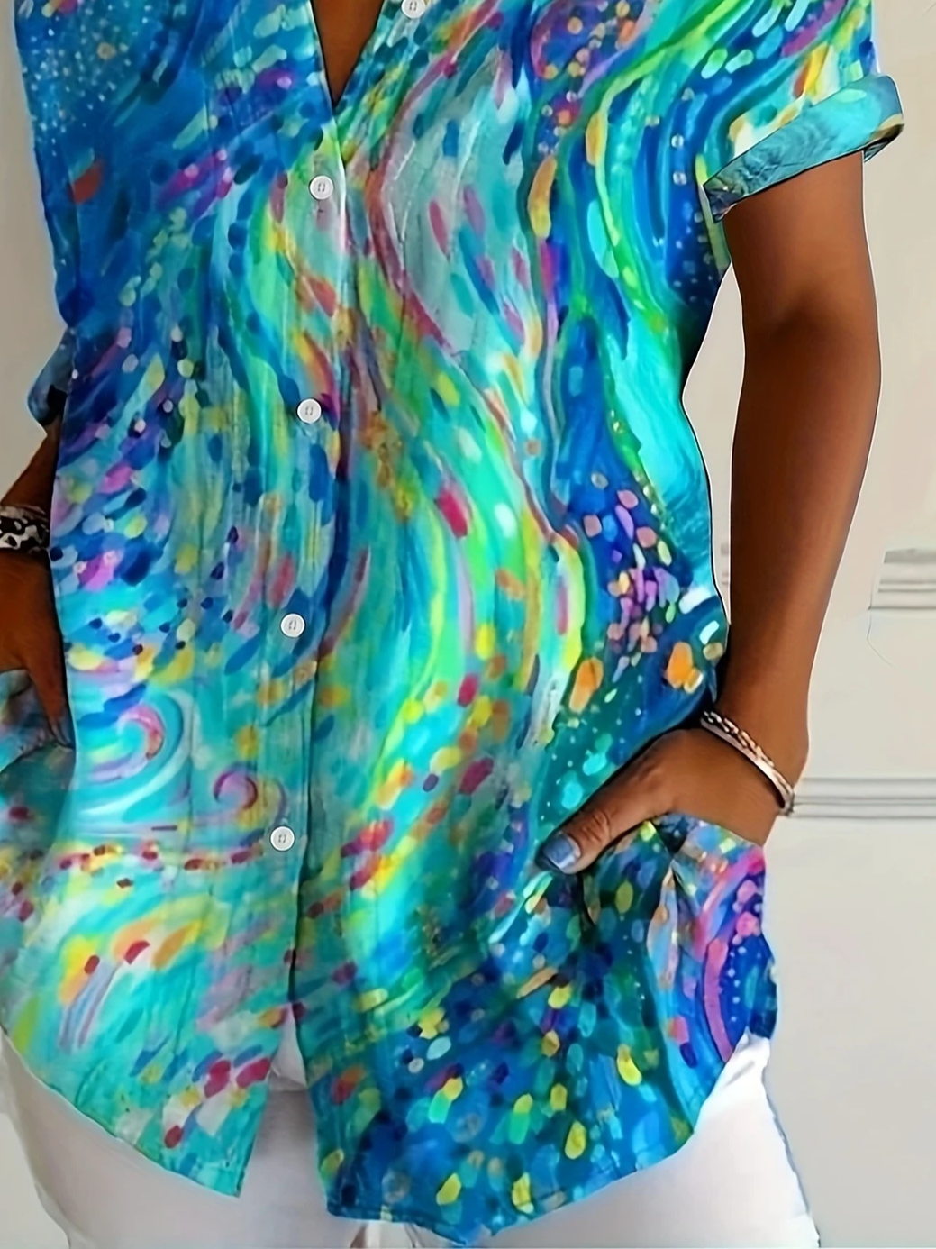 Women's Short Sleeve Shirt Summer Blue Abstract Printing Shirt Collar Daily Going Out Casual Top