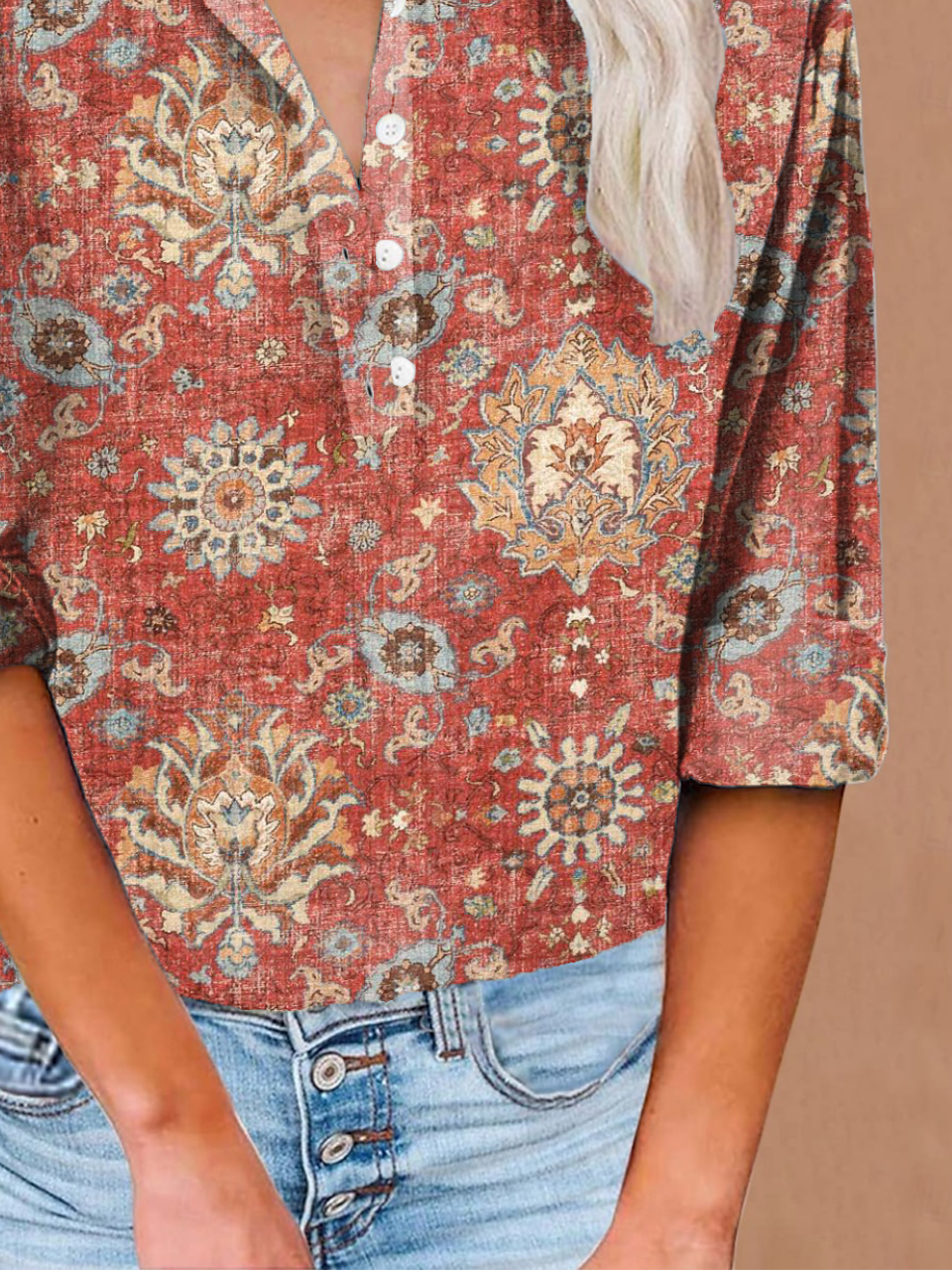 Button Long Sleeve Casual Vintage Print Shirt