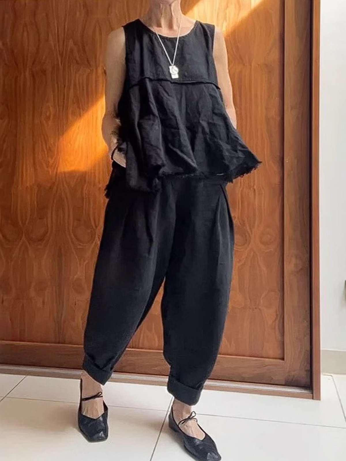 Casual Plain Crew Neck Two-Piece Set