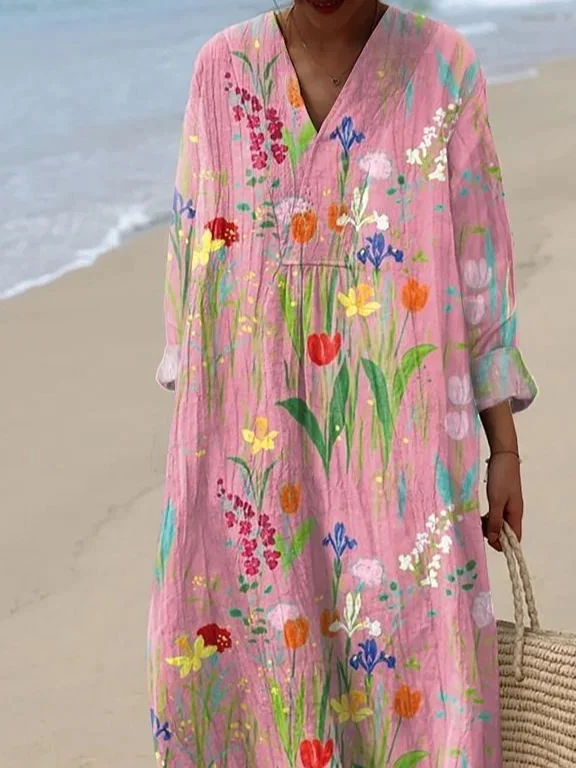 Women's Vintage Flowers Print Casual Long Sleeve Dress