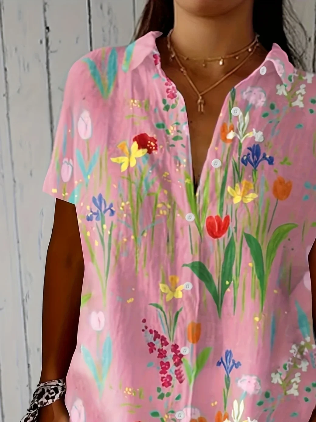 Women's Short Sleeve Shirt Summer Pink Floral Printing Shirt Collar Daily Going Out Casual Top