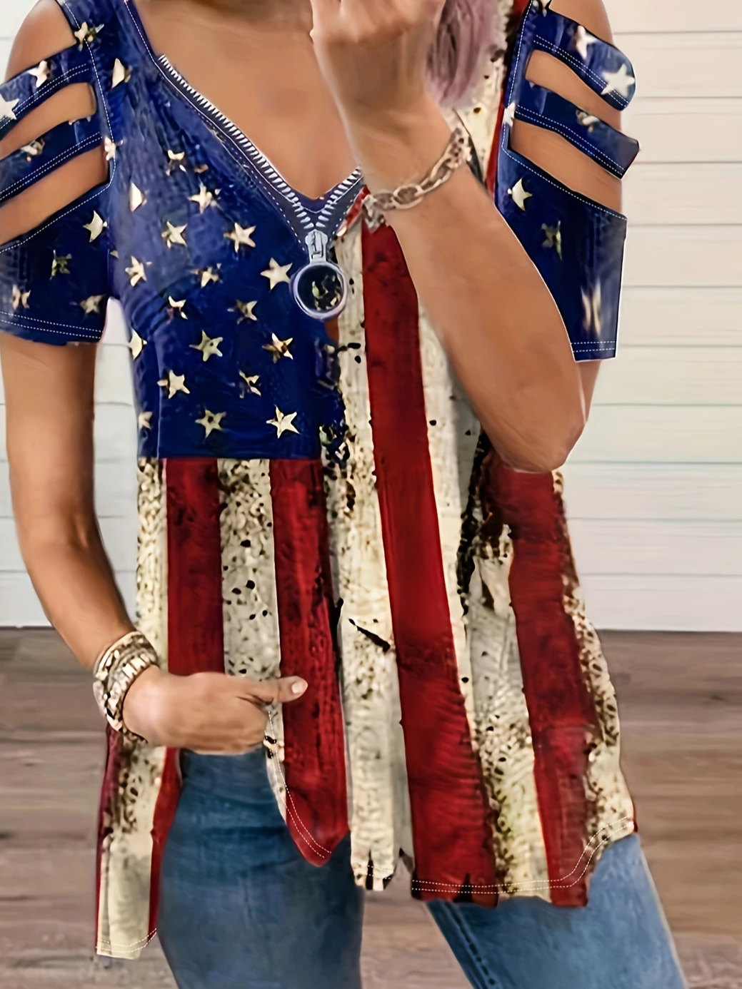 Women's Short Sleeve T-shirt Summer As Picture Independence Day (Flag) Printing V Neck Daily Going Out Vintage Top