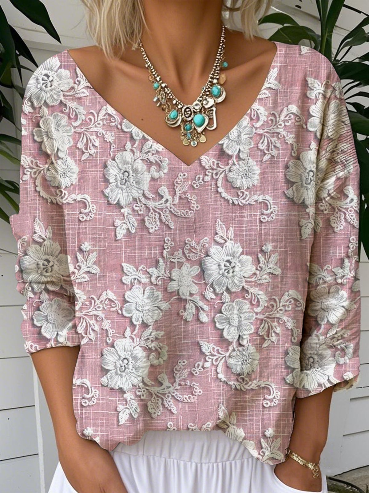 Floral V Neck Jersey Casual T-Shirt