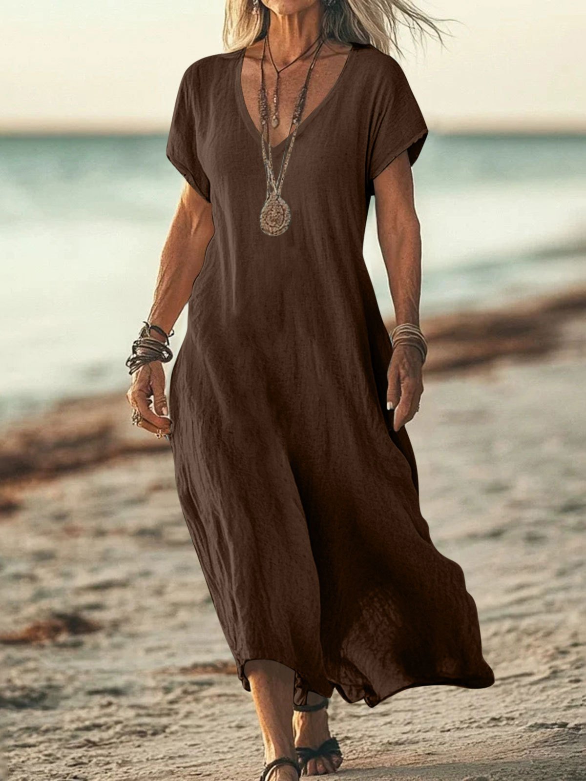 Casual Plain V Neck Maxi Dress