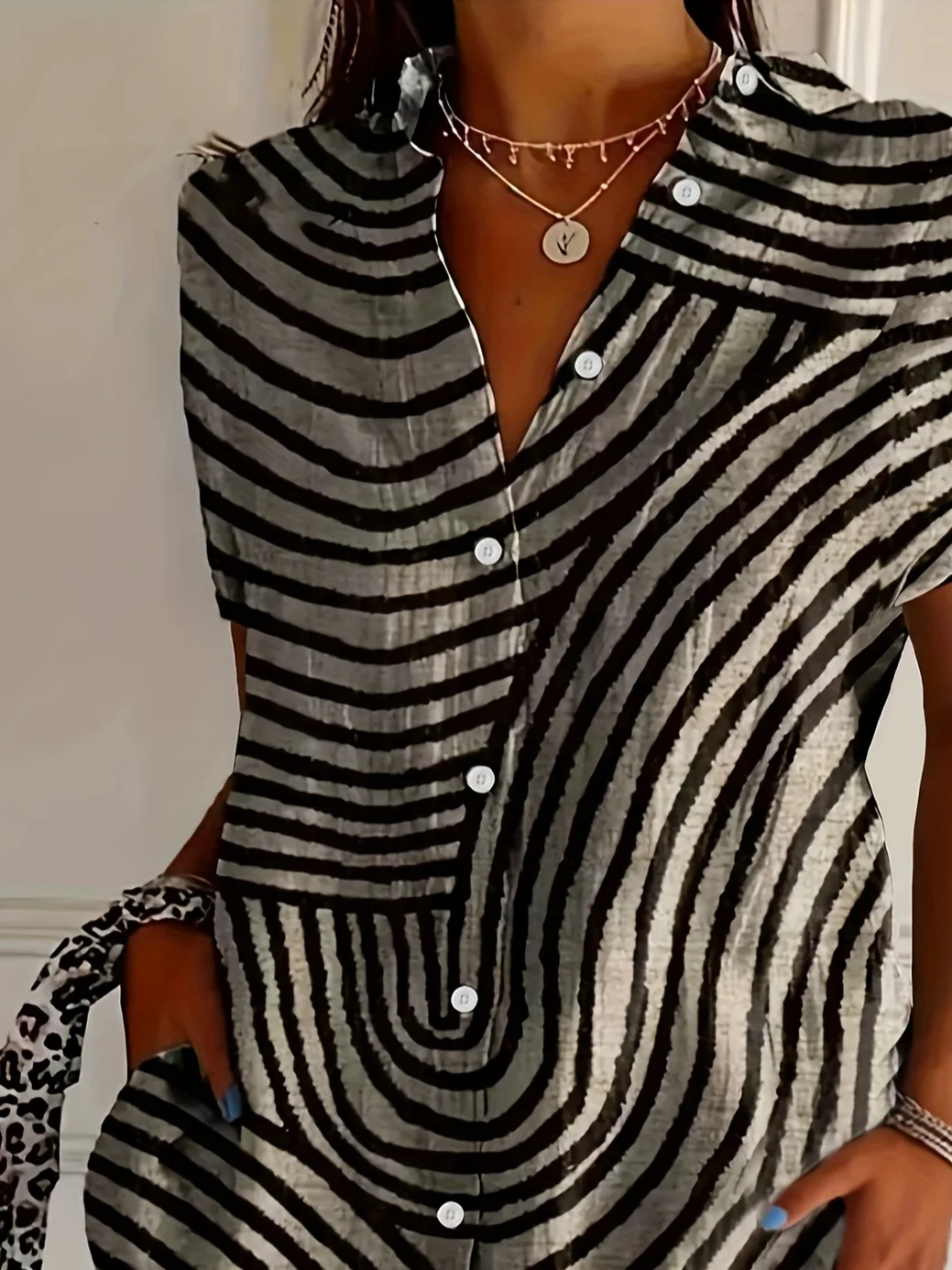 Women's Short Sleeve Shirt Summer Khaki Abstract Stripes Printing Shirt Collar Daily Going Out Casual Top