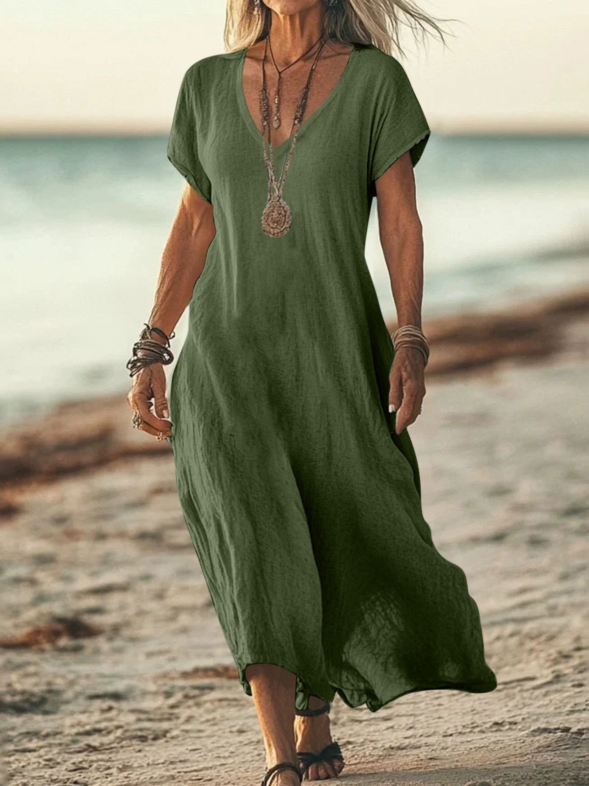 Casual Plain V Neck Maxi Dress