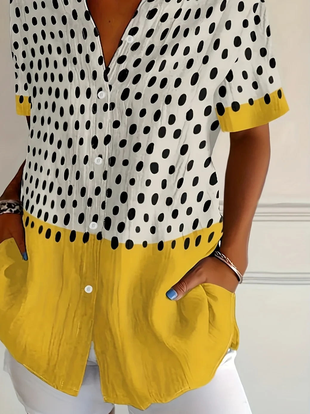 Women's Short Sleeve Shirt Summer Yellow Abstract Polka Dots Printing Shirt Collar Daily Going Out Casual Top