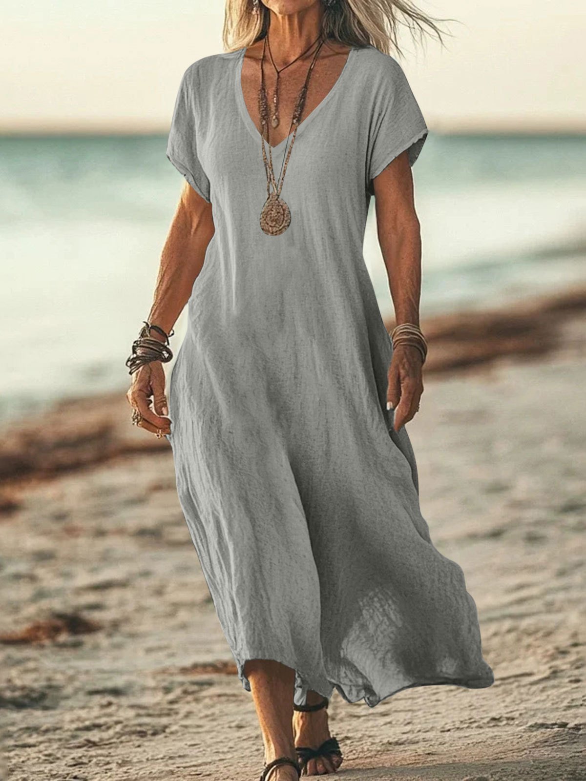 Casual Plain V Neck Maxi Dress