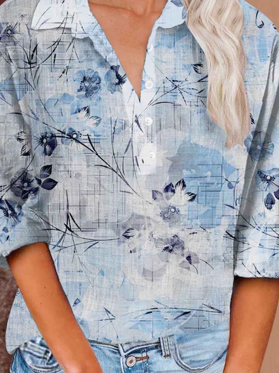 Button Long Sleeve Casual Vintage Print Shirt