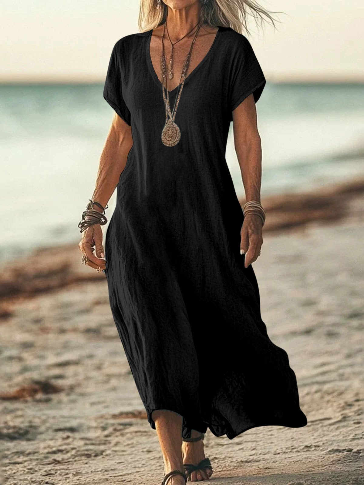 Casual Plain V Neck Maxi Dress
