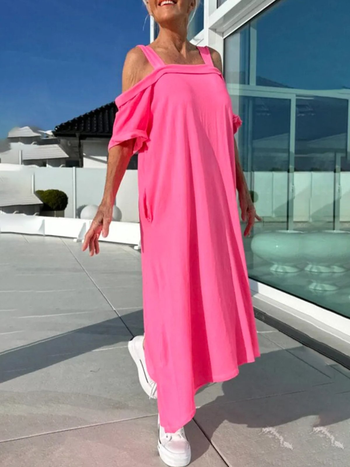 Casual Plain Off Shoulder Sleeve Spaghetti Maxi Dress