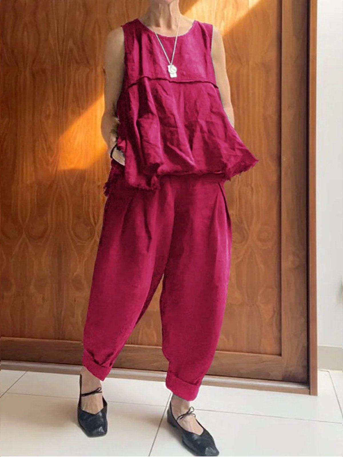Casual Plain Crew Neck Two-Piece Set