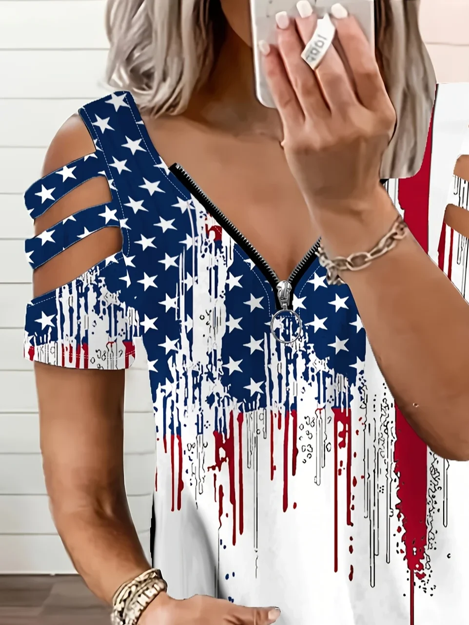 Women's Short Sleeve T-shirt Summer White Independence Day (Flag) Printing V Neck Daily Going Out Vintage Top