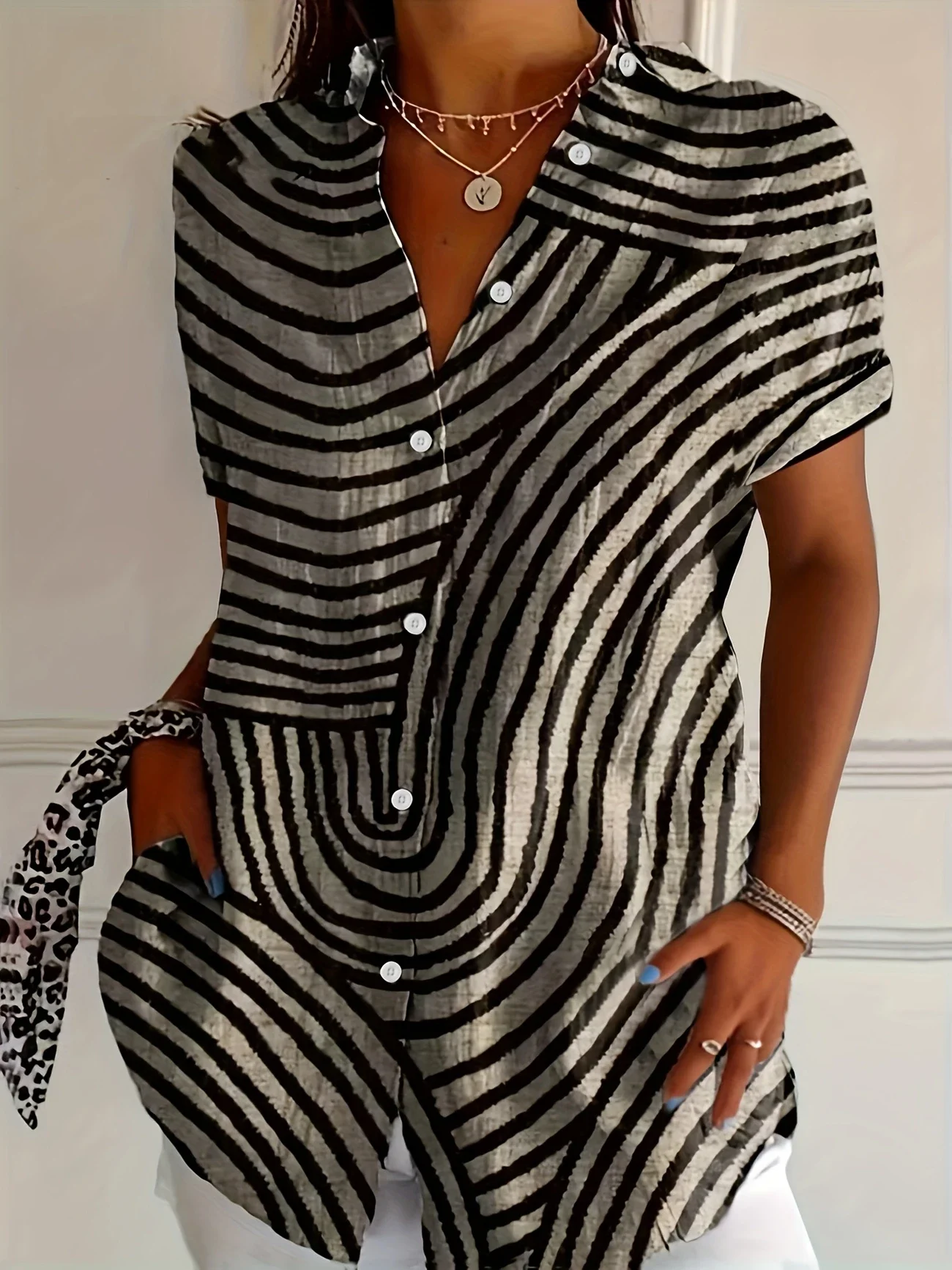 Women's Short Sleeve Shirt Summer Khaki Abstract Stripes Printing Shirt Collar Daily Going Out Casual Top