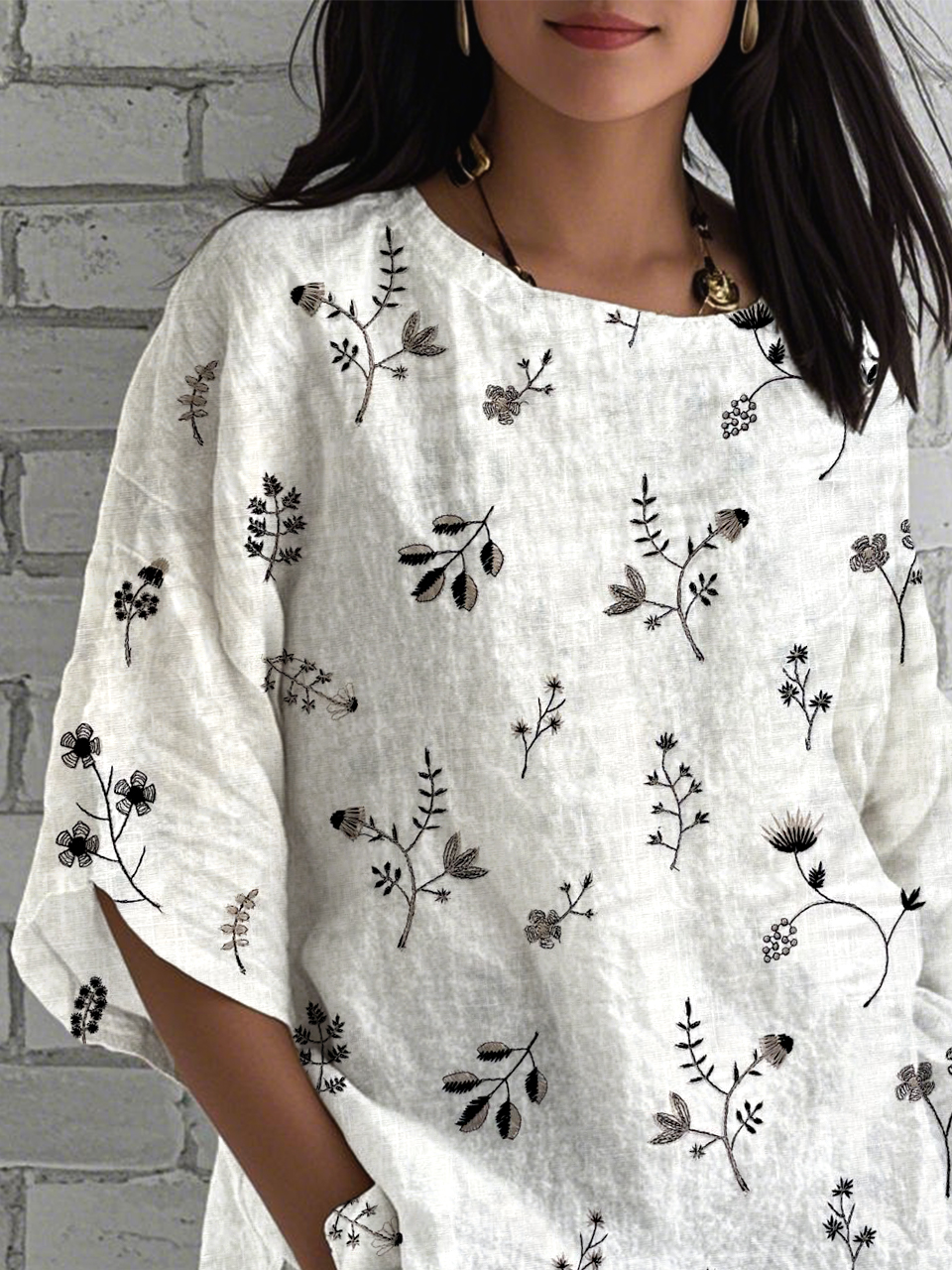 Floral Crew Neck Linen Blend Simple Shirt