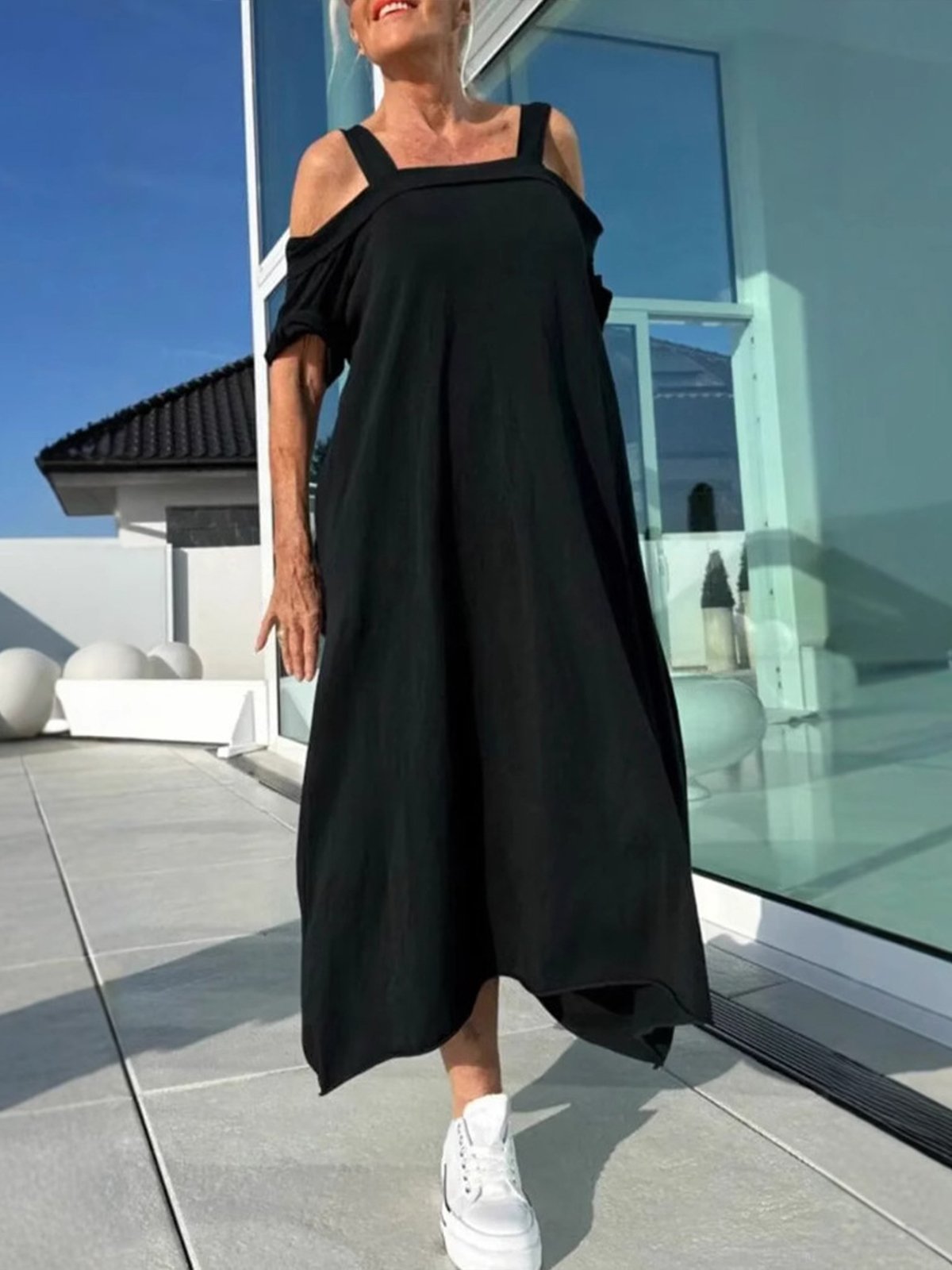 Casual Plain Off Shoulder Sleeve Spaghetti Maxi Dress